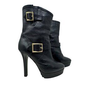 JIMMY CHOO Dylan Mid-Calf Black leather Heeled Moto Boots Heels size 39 9